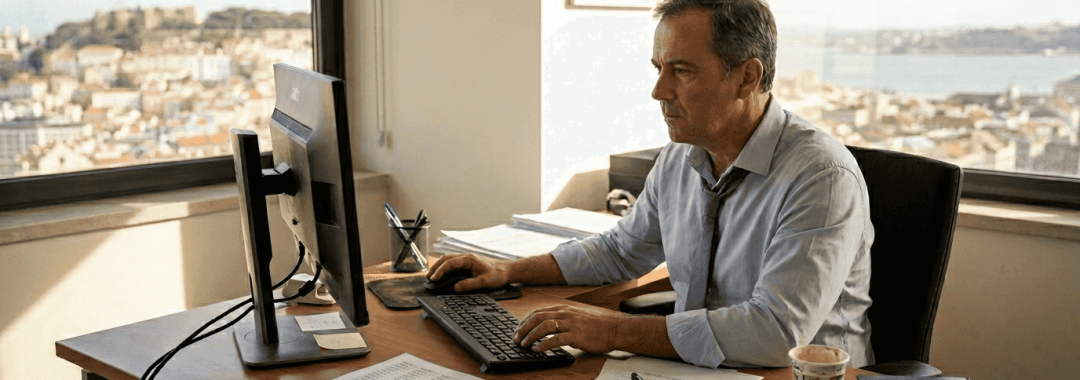 Payroll manager reviewing compliance documents in Lisbon office