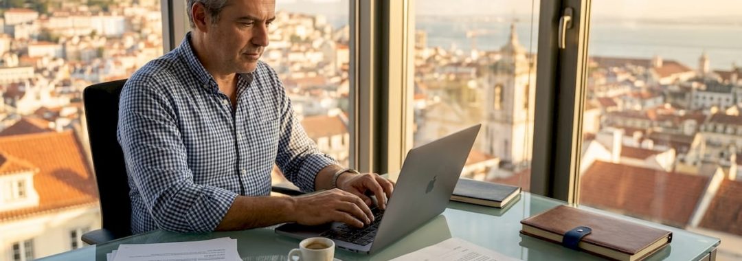 HR manager typing at sunlit desk in Lisbon