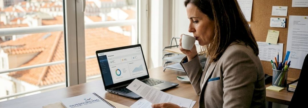 Professional reviewing employment documents in Lisbon office