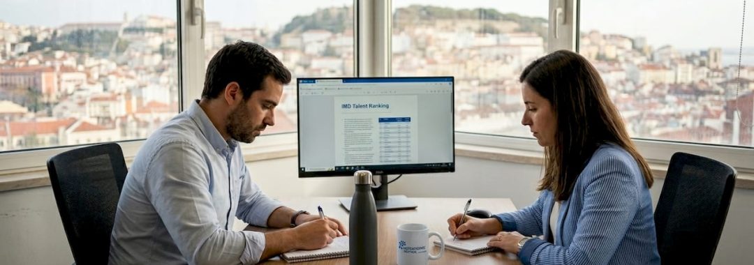 Portuguese coworkers discuss talent ranking at desk