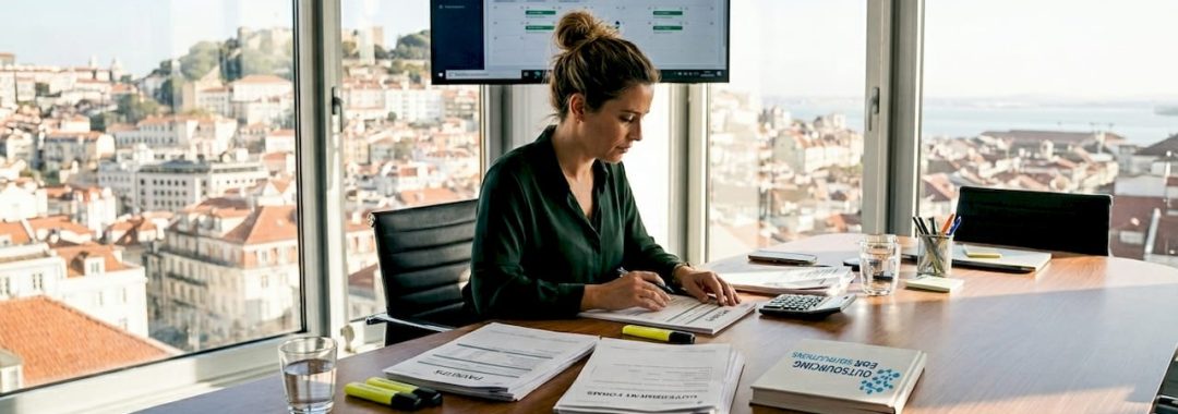 Payroll manager reviews paperwork in Lisbon office