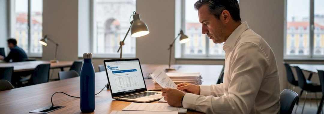 Founder organizing company setup paperwork Lisbon desk