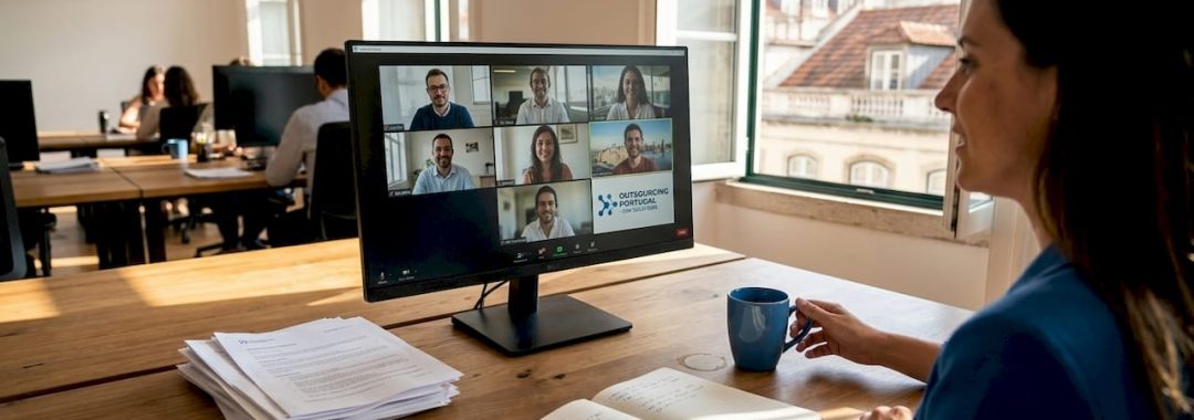 Project manager on video call in Lisbon office