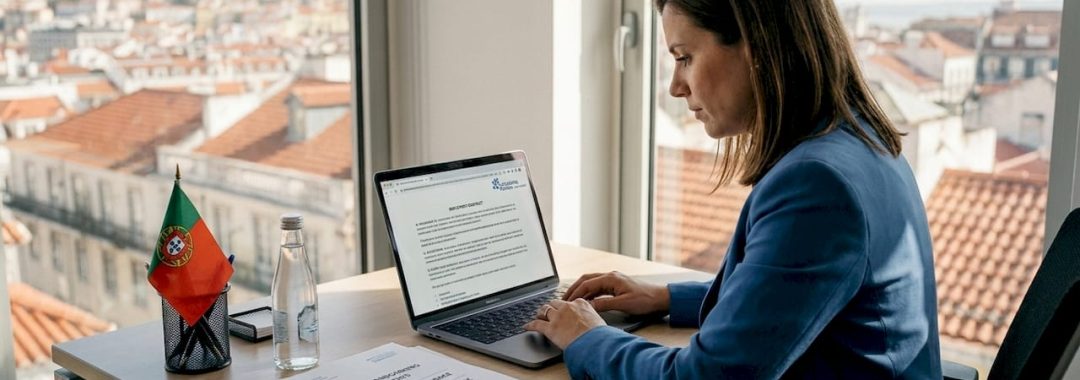 Businesswoman reviewing EOR contract in Lisbon office
