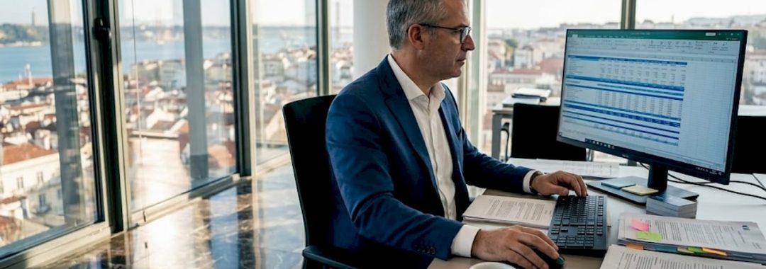 Manager reviewing outsourcing documents in Lisbon office