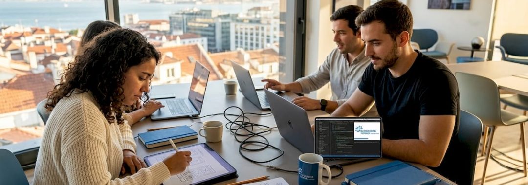 Team collaborating in Lisbon tech workspace