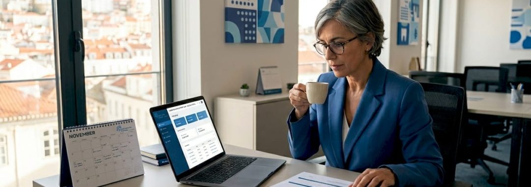 HR manager reviewing onboarding paperwork in Portugal office