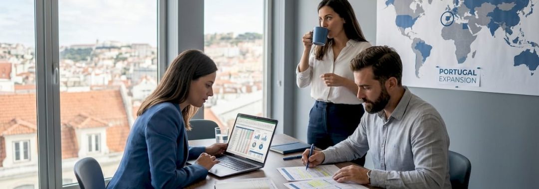 Business team reviewing budget documents together