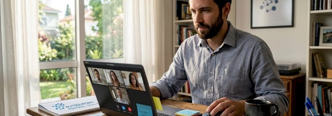 Professional on international team video call at desk