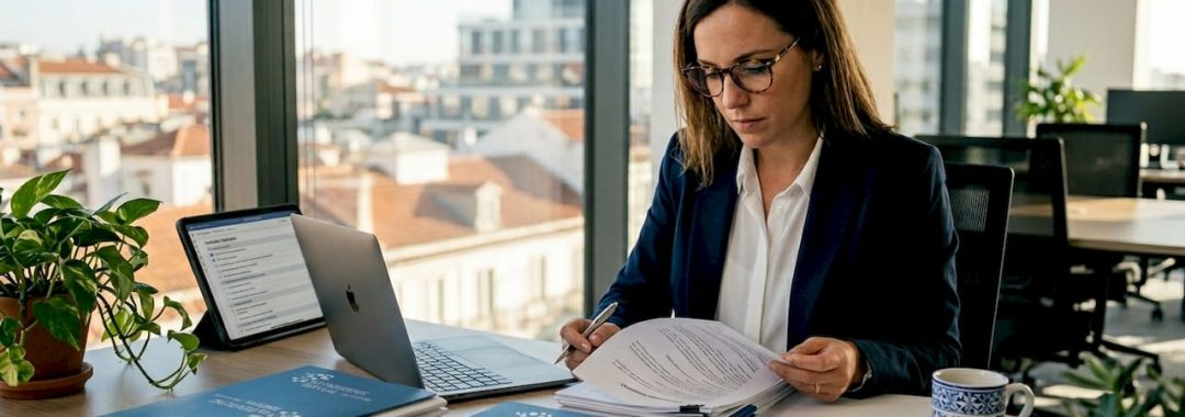 Manager reviewing contracts at multinational office desk