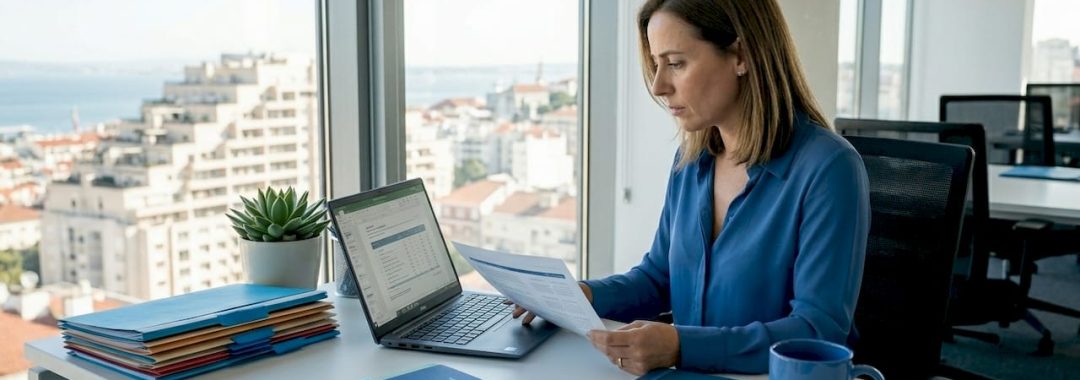 HR manager reviewing spreadsheet in sunlit office