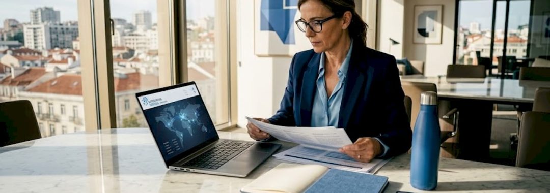 Executive reviews reports and global map for strategy