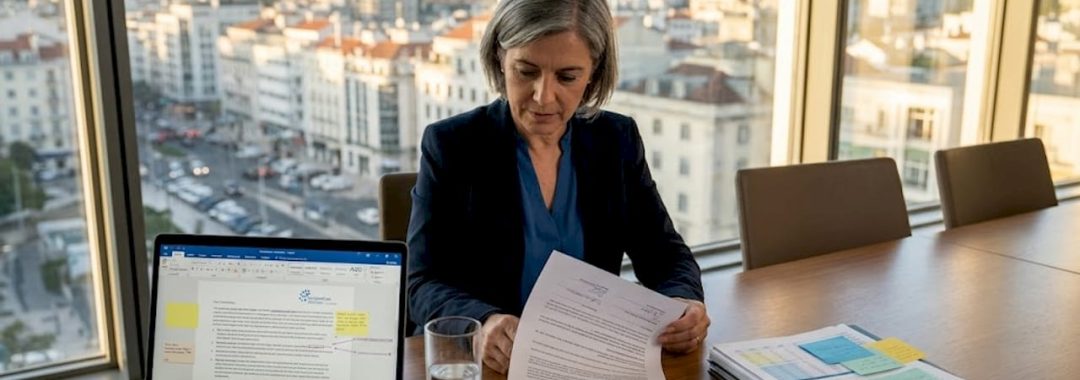 Executive reviewing outsourcing contract at desk