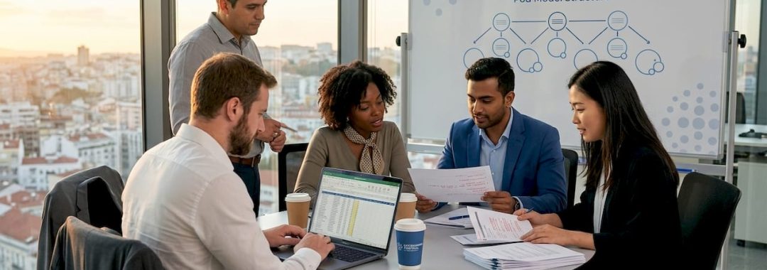 Multinational team collaborating in corner office