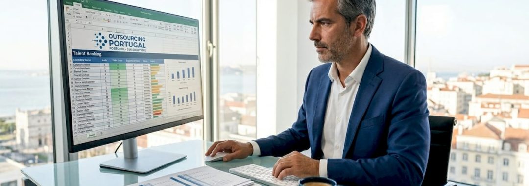 HR manager reviewing talent ranking spreadsheet