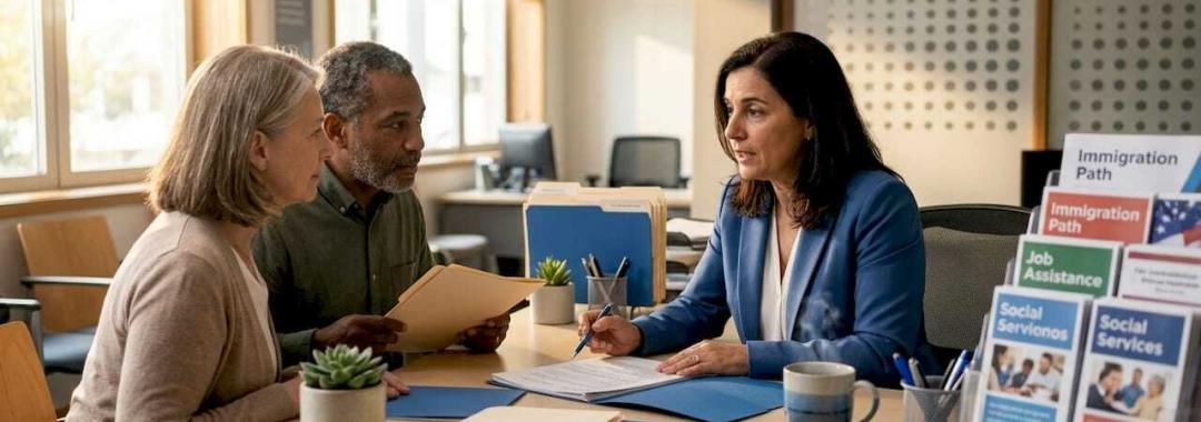 Social worker assisting expat with settlement forms