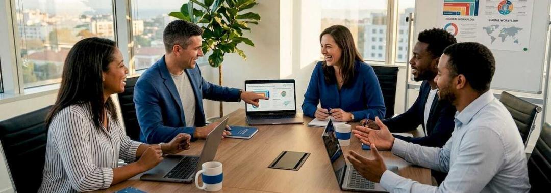 Multilingual team working together in office