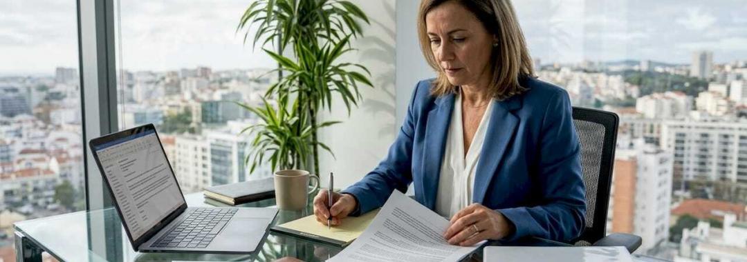 HR leader reviewing localization contracts in office