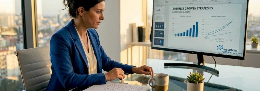 Businesswoman reviewing strategic expansion plan in office