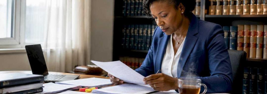 Businesswoman reviewing legal documents