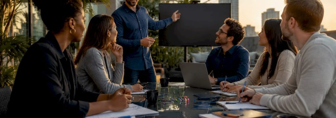Team collaborating in office meeting