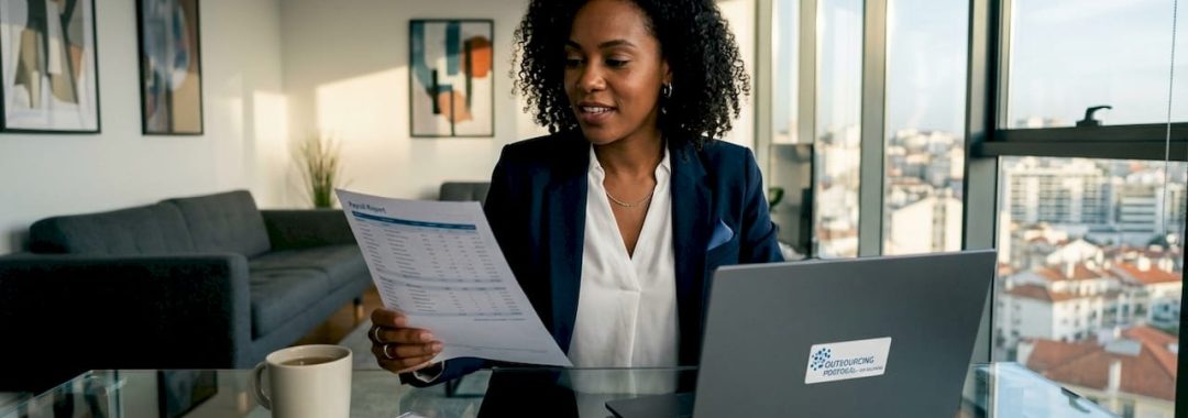Professional woman reviewing payroll report