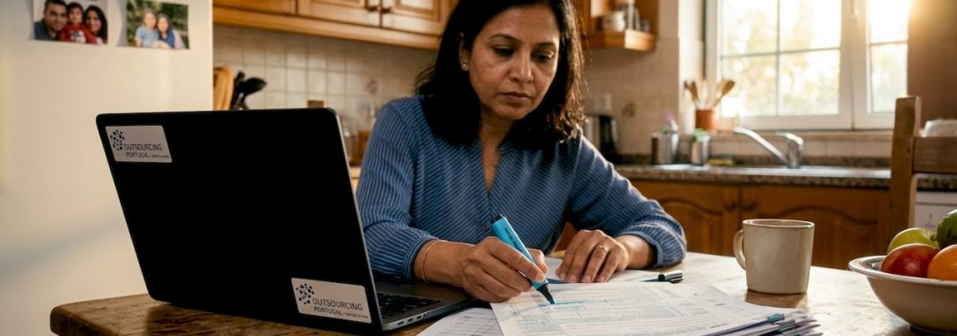 Woman reviewing LLC payroll tax documents at desk
