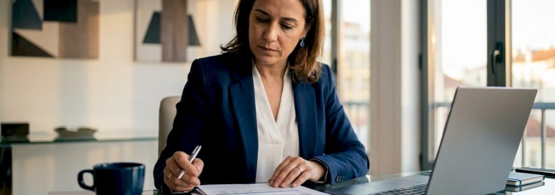 Accountant reviewing payroll compliance papers
