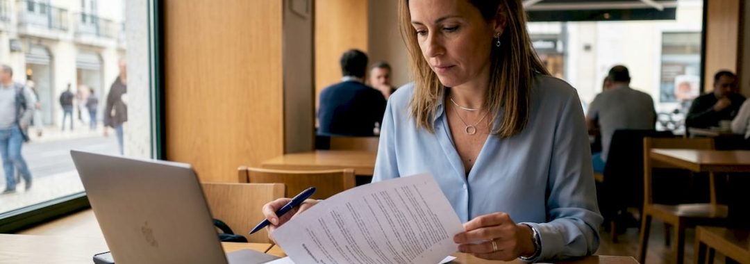 Businesswoman reviewing Portuguese HR compliance documents