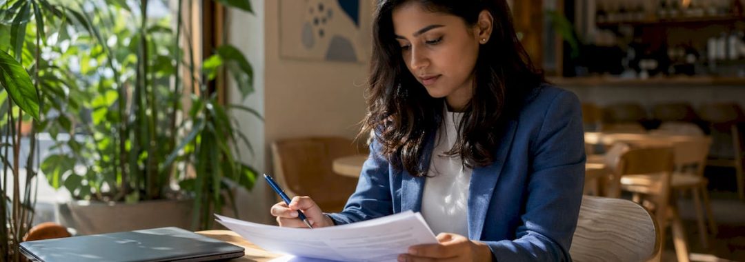 Woman preparing Portugal work visa documents at home office