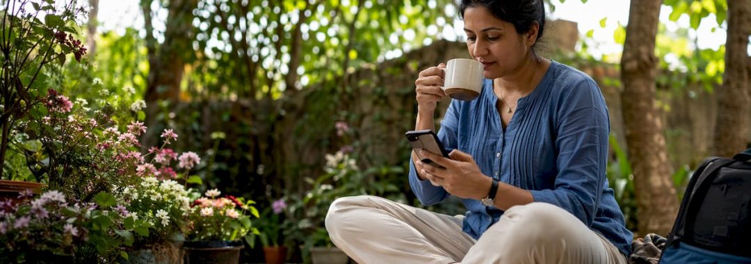 Woman browsing remote job listings at home