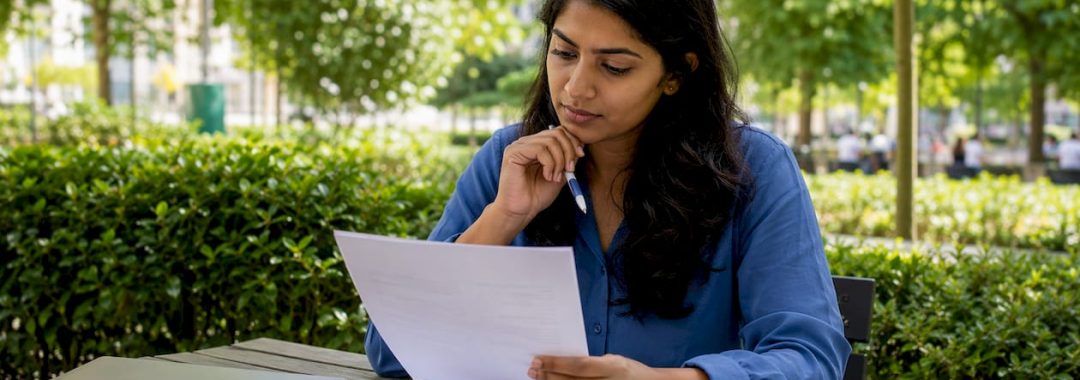 Woman reviewing HR cover letter drafts at desk