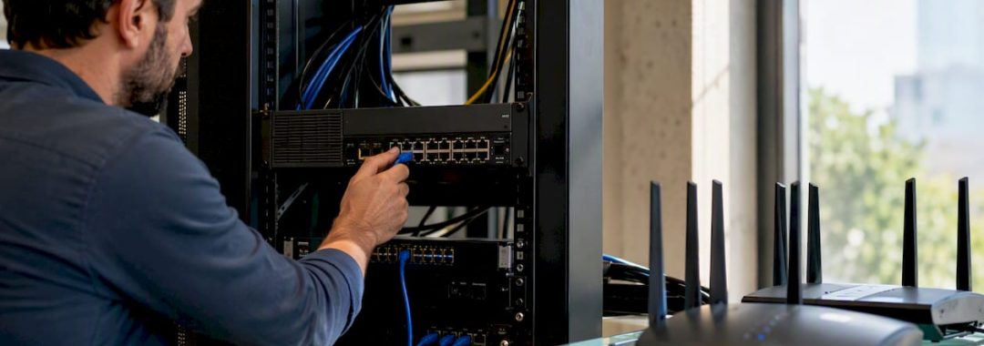 Hands connecting ethernet cable to firewall device