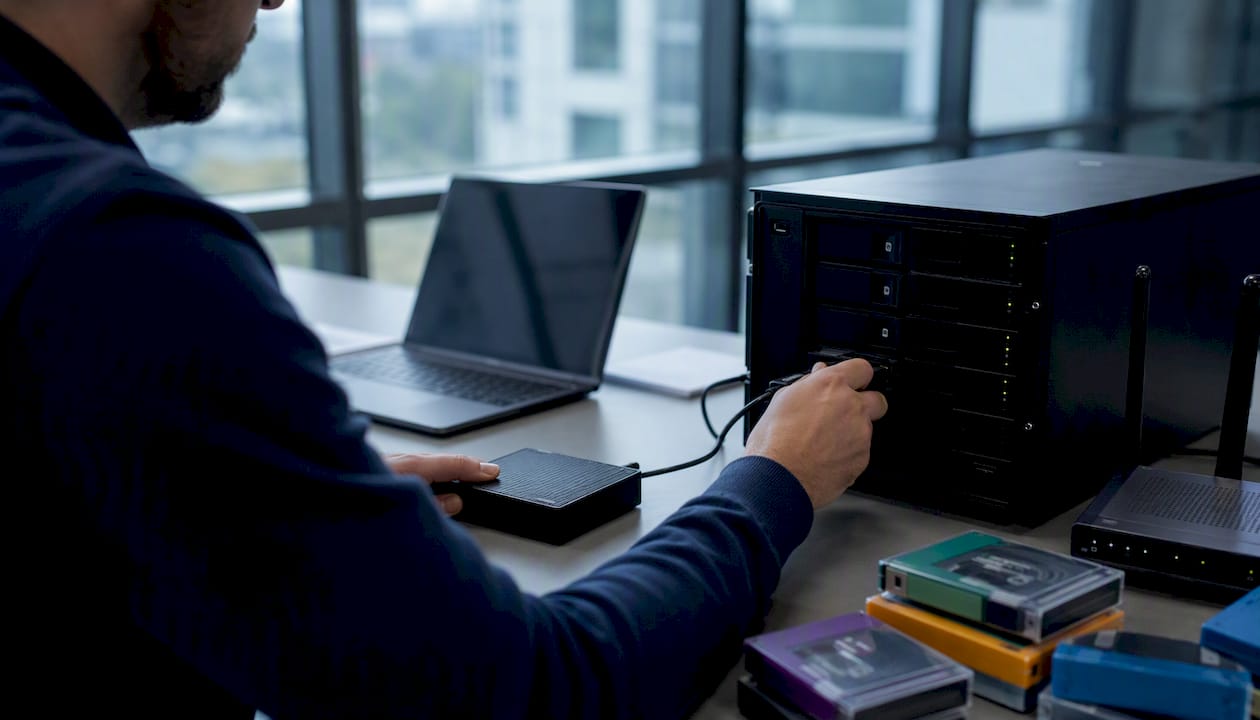 Person connecting external drive for backup