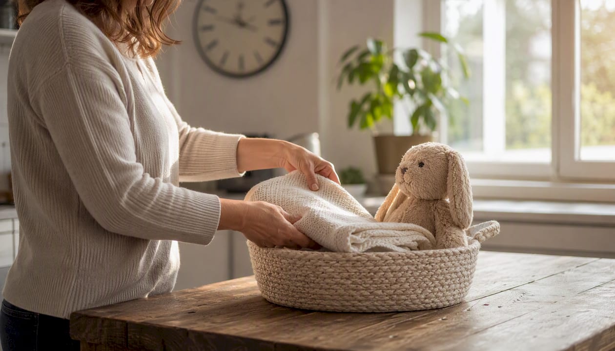 Hands packing baby clothes for parental leave