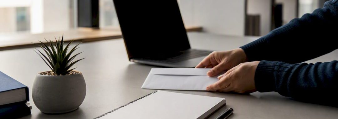 Hands placing college admission envelope on desk
