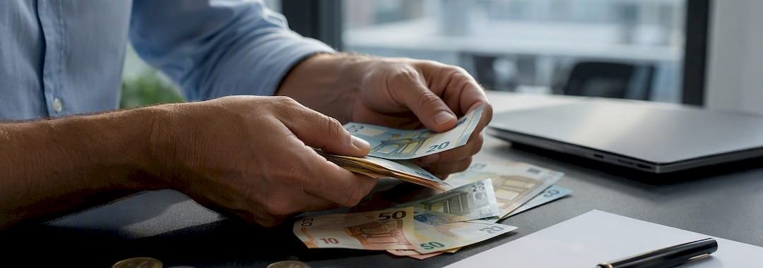 Hands counting salary payments with euro banknotes