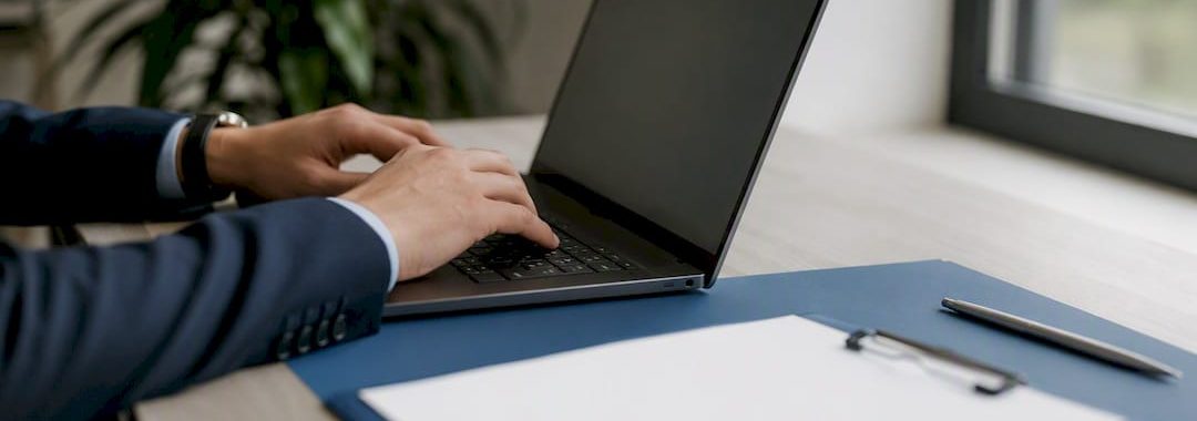 Hands registering employer on laptop
