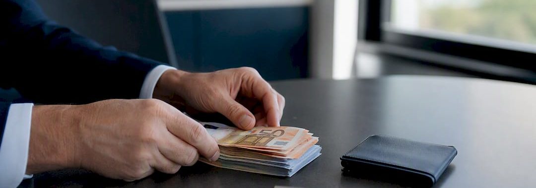 Hands counting euro banknotes on office desk
