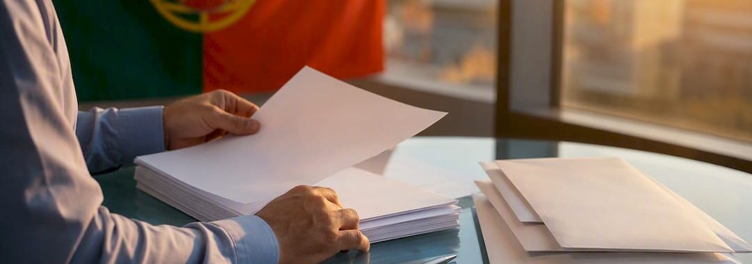 Hands arranging blank official visa papers