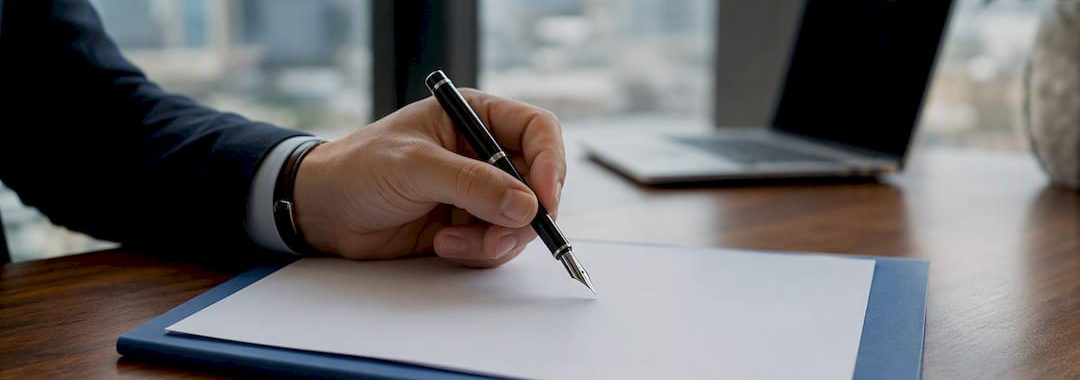Hand placing pen on contract paper